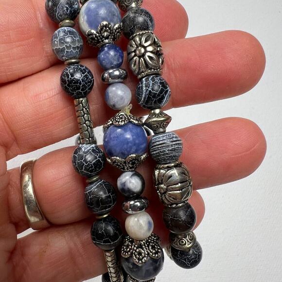 Handmade Beaded Bracelet Trio Navy Blue Silver Metal Tones - Picture 3 of 5
